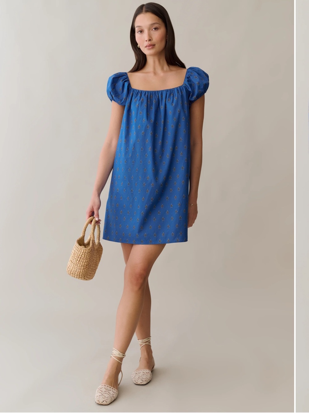 Square-Neck Puff Sleeve Mini Dress in Cobalt Blue